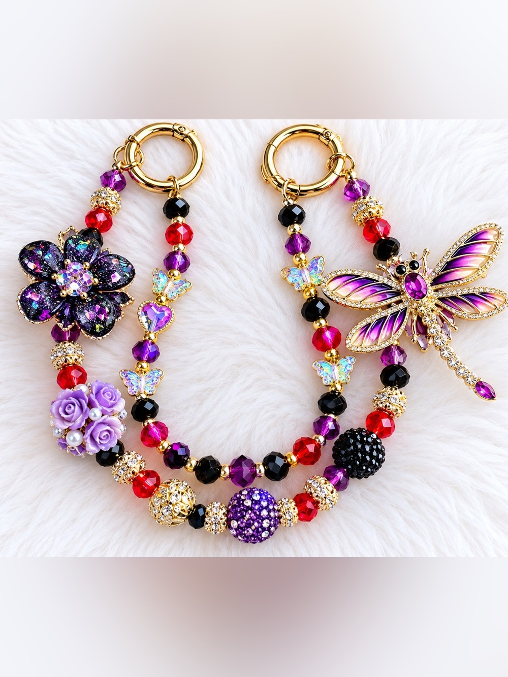 Gold-Plated Purple & Red Beaded bag charm wristlet necklace